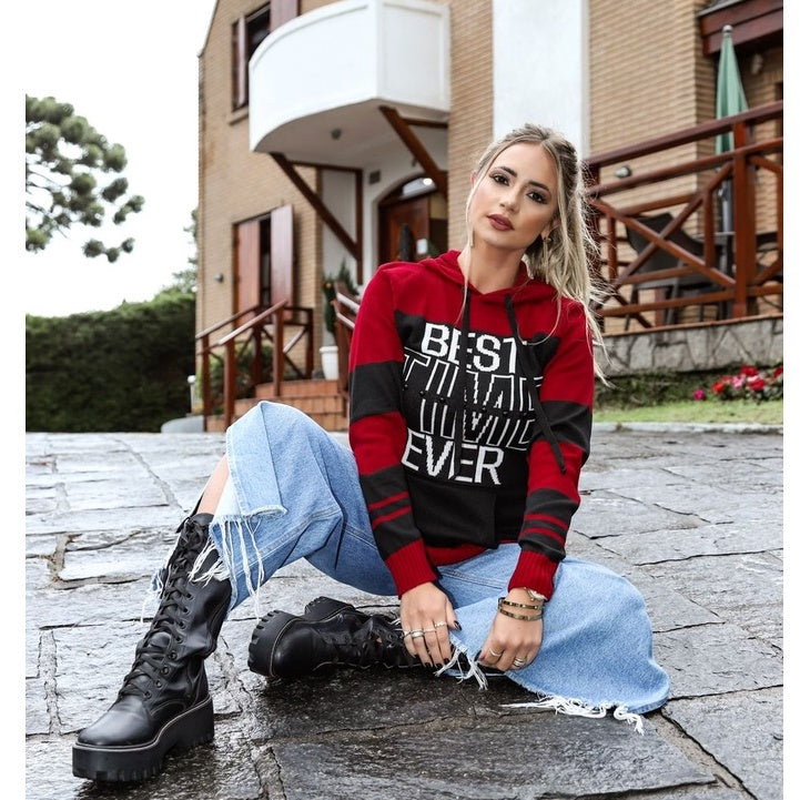 Blusa de Frio Feminina Tricot Moda Blogueira Com Touca (LIVIA)