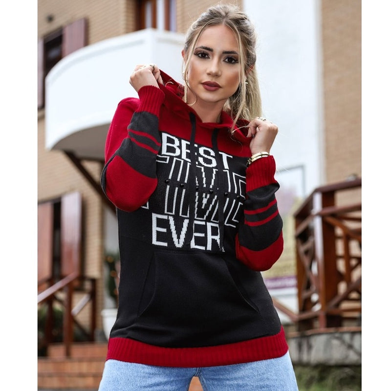 Blusa de Frio Feminina Tricot Moda Blogueira Com Touca (LIVIA)