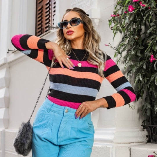 Blusa Feminina Tricot Cacharrel Listrada Moda Blogueiras (BRUNA)