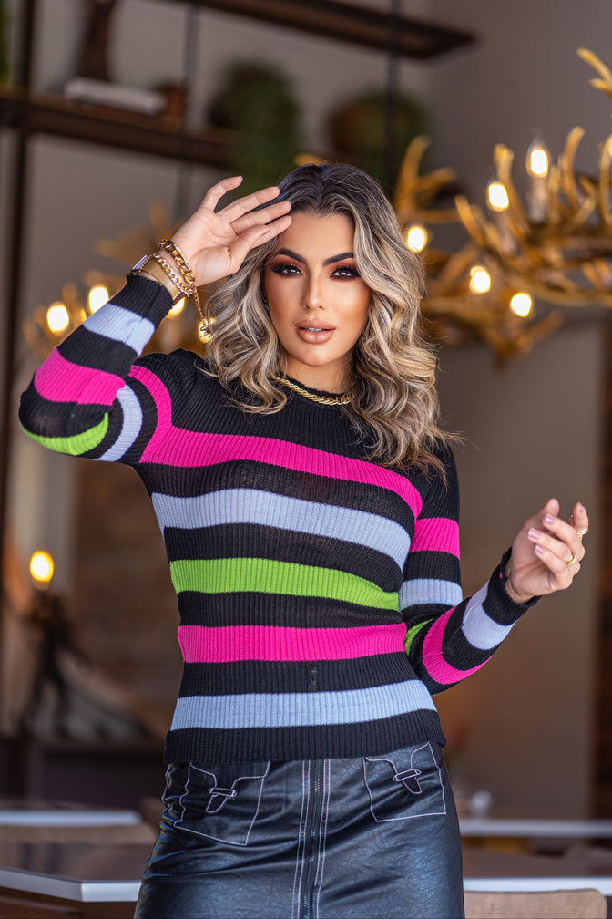 Blusa Feminina Tricot Cacharrel Listrada Moda Blogueiras (BRUNA)