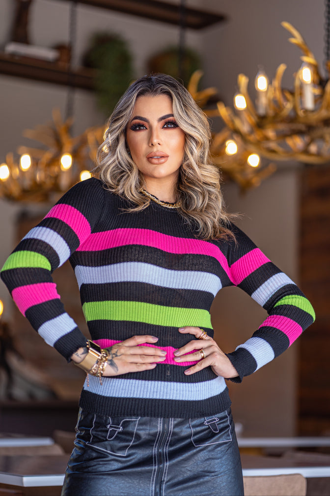 Blusa Feminina Tricot Cacharrel Listrada Moda Blogueiras (BRUNA)